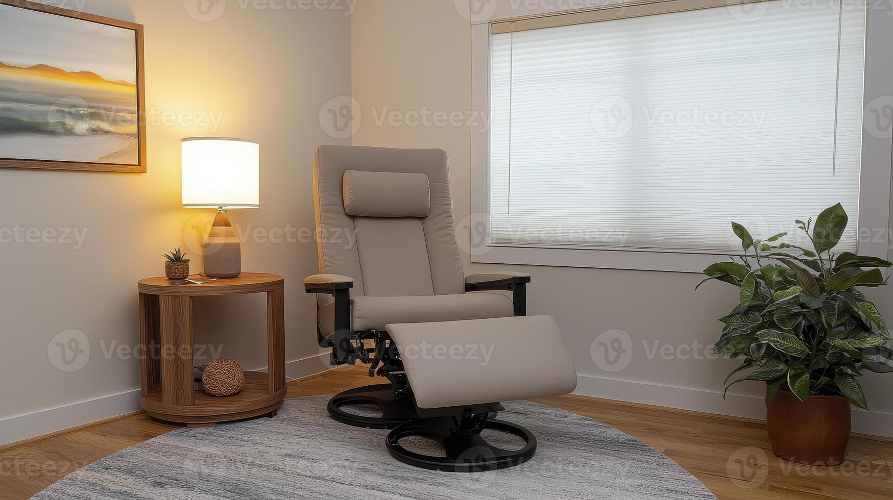 Discover tranquility in this serene interior featuring a comfortable recliner chair, perfect for relaxation and unwinding The cozy room showcases a circular rug, a quaint side table adorned with a photo