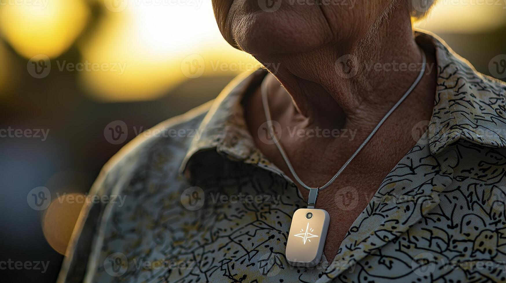 Elderly Man's Poignant Portrait A Close-Up Captures the Warmth of Sunlight Illuminating His Face, Revealing Lines of Experience and Character The Focal Point is a Dog Tag Necklace, Symbolizing photo