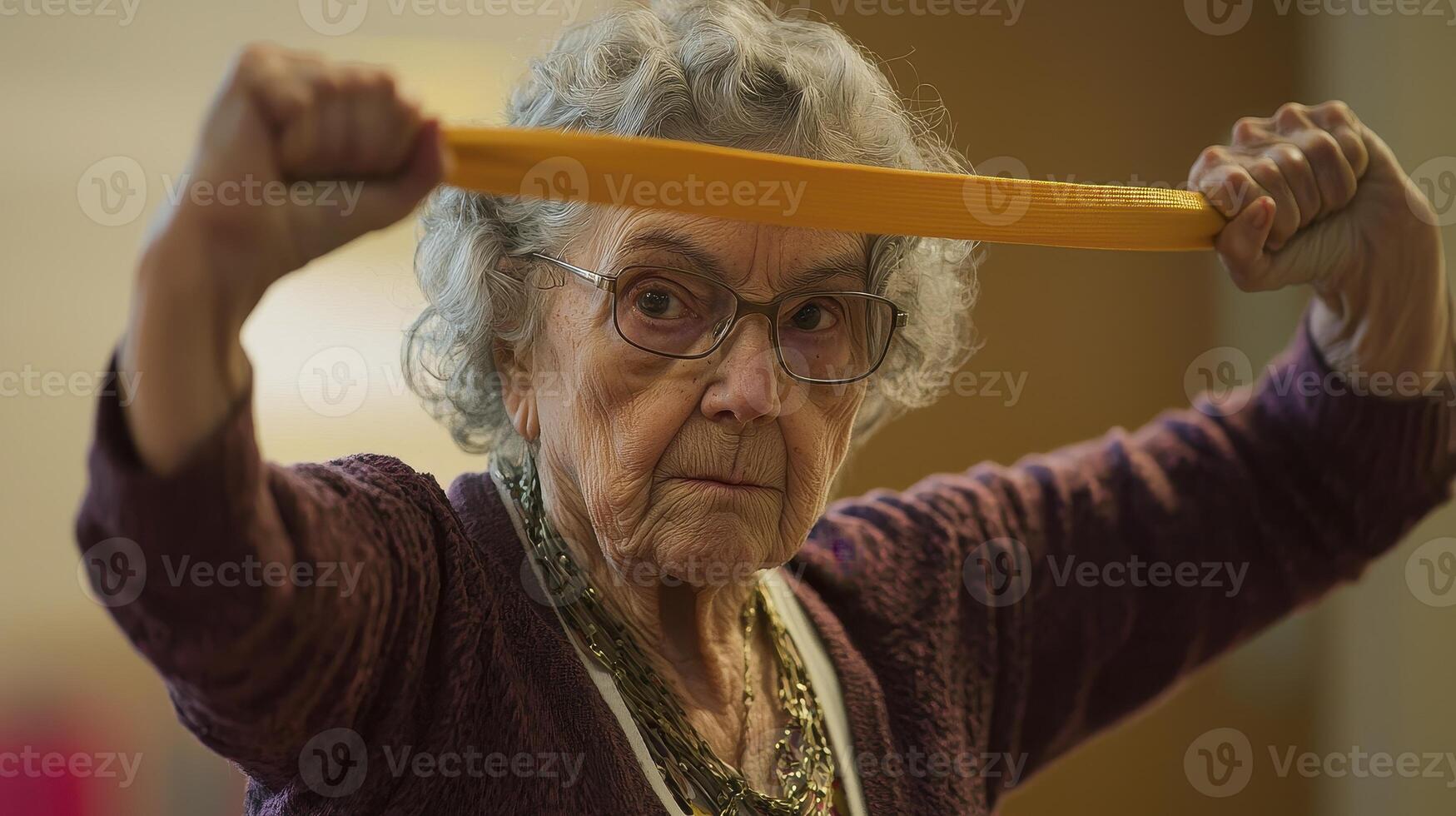 Empowering Senior Wellness Capturing the Spirit of Active Aging with a Determined Elderly Woman Exercising Using a Resistance Band for Strength Training and Rehabilitation, Promoting Physical Therapy photo