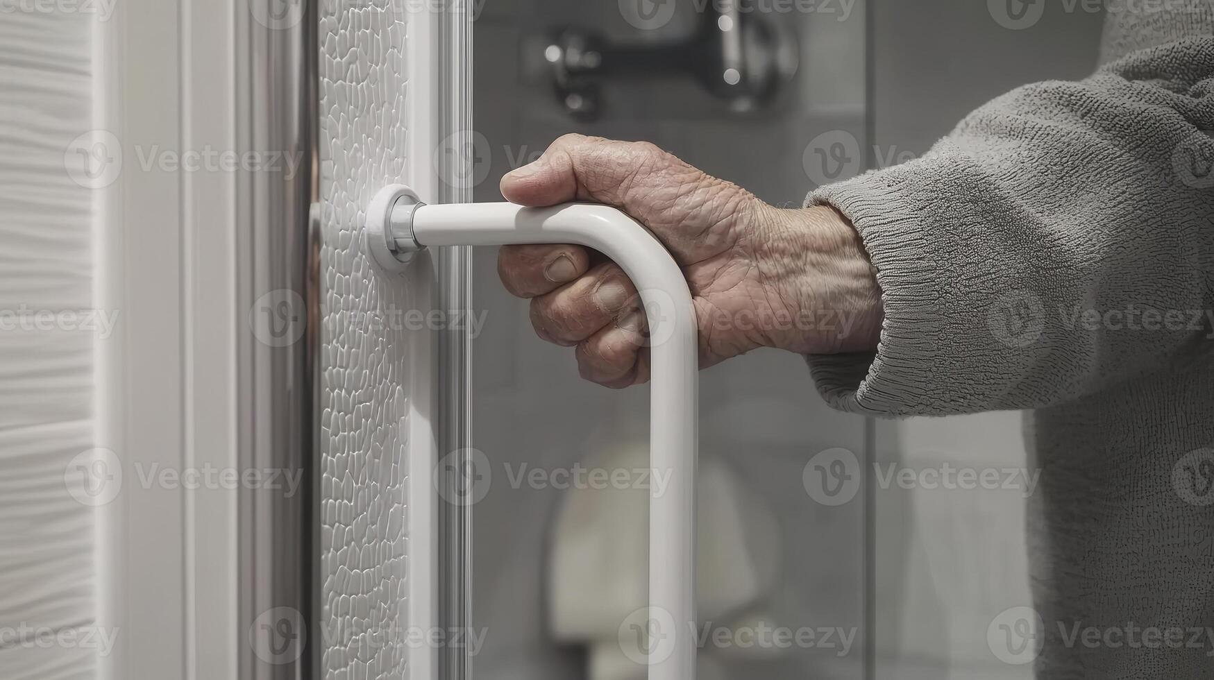 Enhancing Bathroom Safety A Close-Up on a Secure Grab Bar for Elderly Individuals, Providing Stability and Independence in the Shower Environment, Promoting Accessibility and Fall Prevention photo