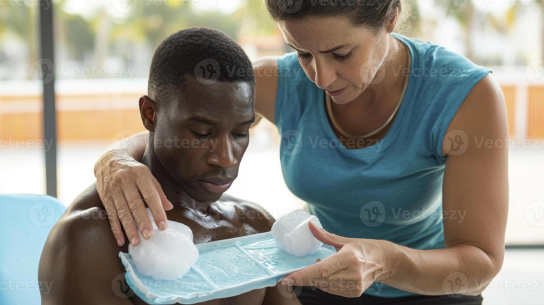 Explore the compassion and care in this image, highlighting a woman assisting a man with an ice pack for his chest, focusing on health, support, and recovery Witness the human connection as she photo