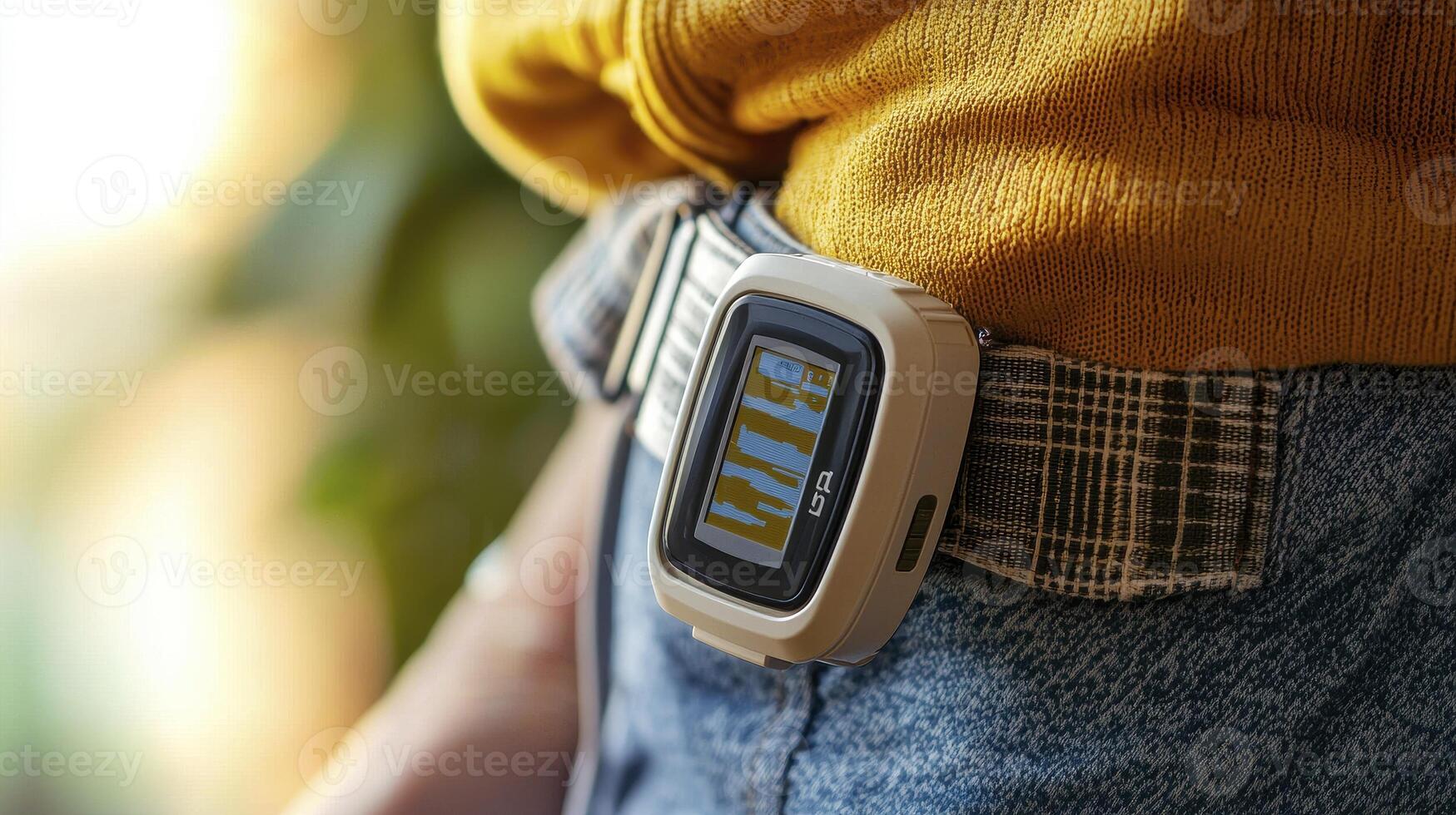 Explore the Convenience of Wearable Technology A Detailed Look at a Modern Fitness Tracker Affixed to Denim Jeans with a Yellow Shirt Discover Seamless Integration, Monitor Your Progress, and Enjoy photo