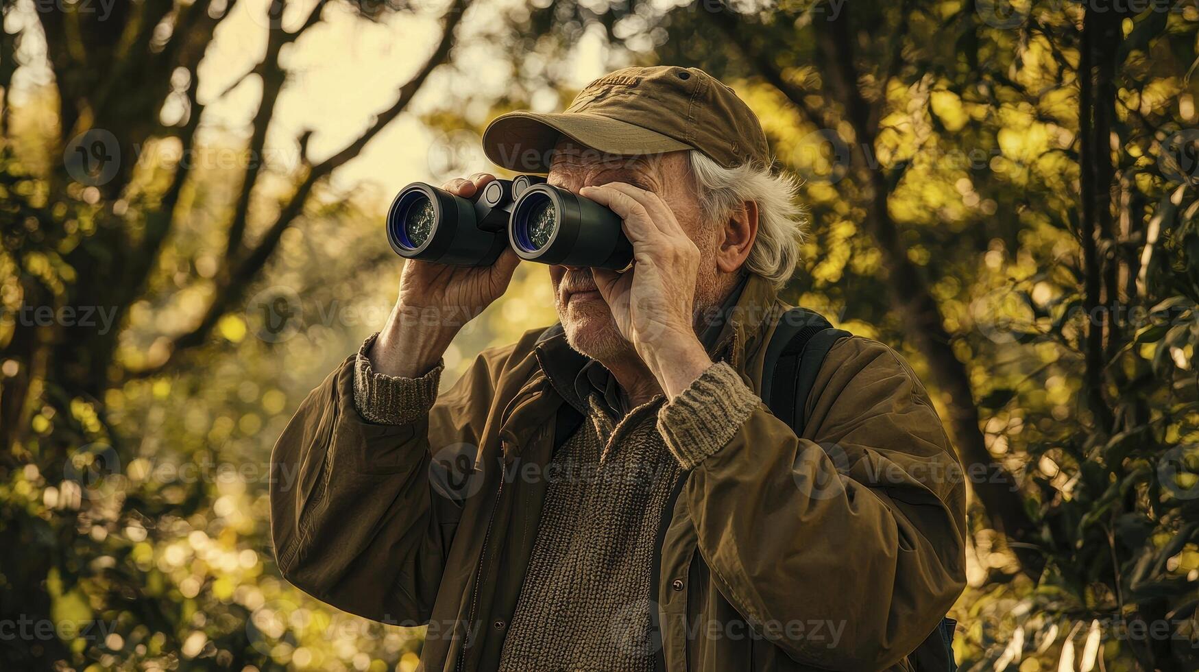 Explore Nature's Wonders Witnessing the World Through Binoculars, a Captivating Image of an Enthusiastic Senior Man Engaged in Bird Watching Amidst Lush Greenery Discover the Beauty of Wildlife, as photo