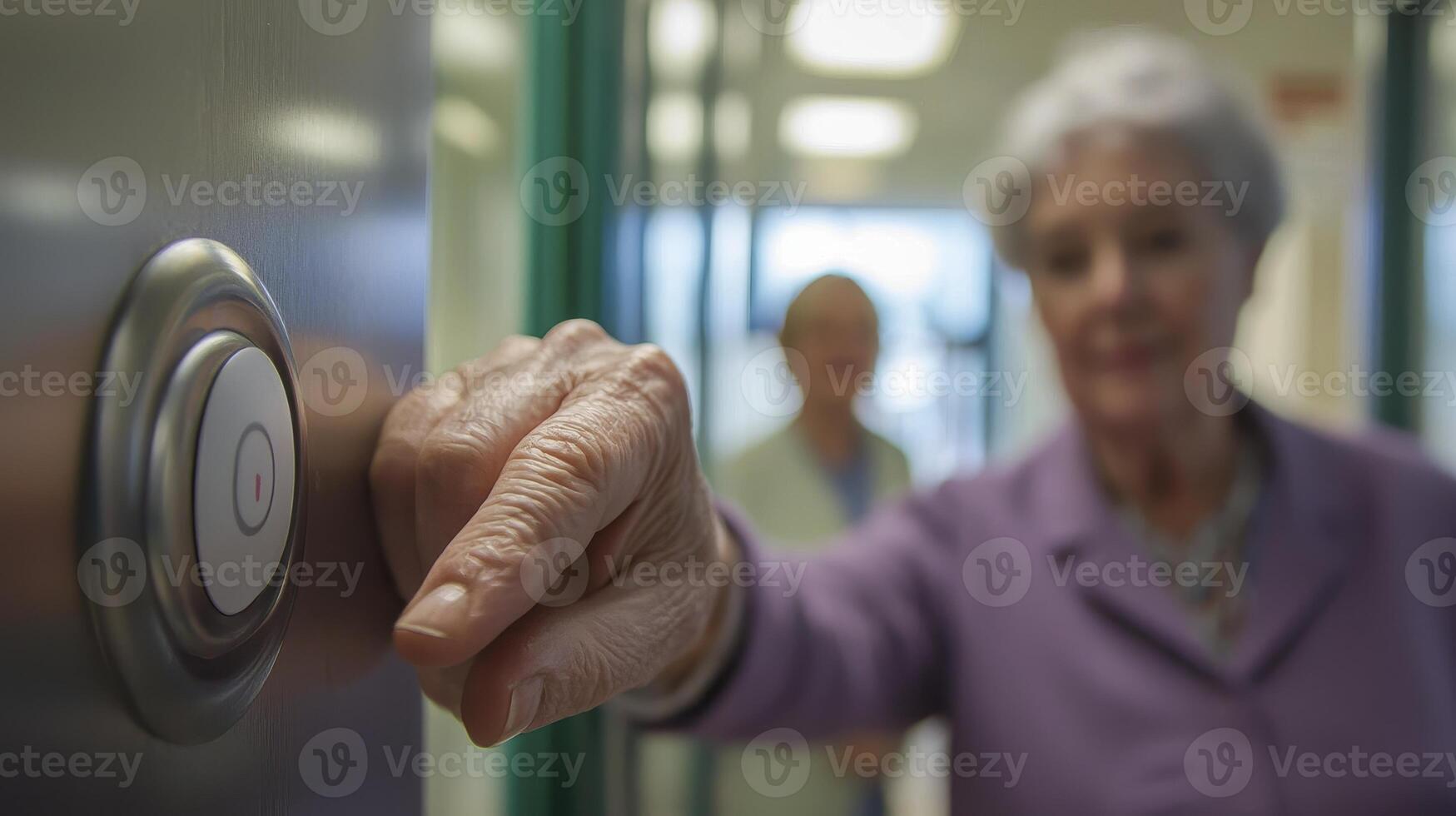 Explore the poignant image of an elderly woman pushing a button, capturing a moment of independence, assistance, or perhaps a simple act of daily life in a care facility or hospital environment photo