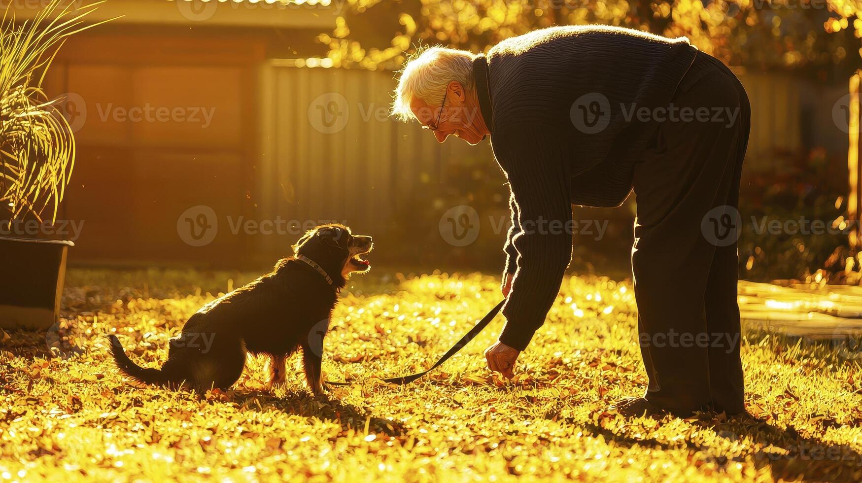 Heartwarming Moment A Senior Man's Affectionate Interaction with His Loyal Dog in a Sun-Drenched Garden, Demonstrating the Unbreakable Bond Between Humans and Animals, Capturing the Essence of photo