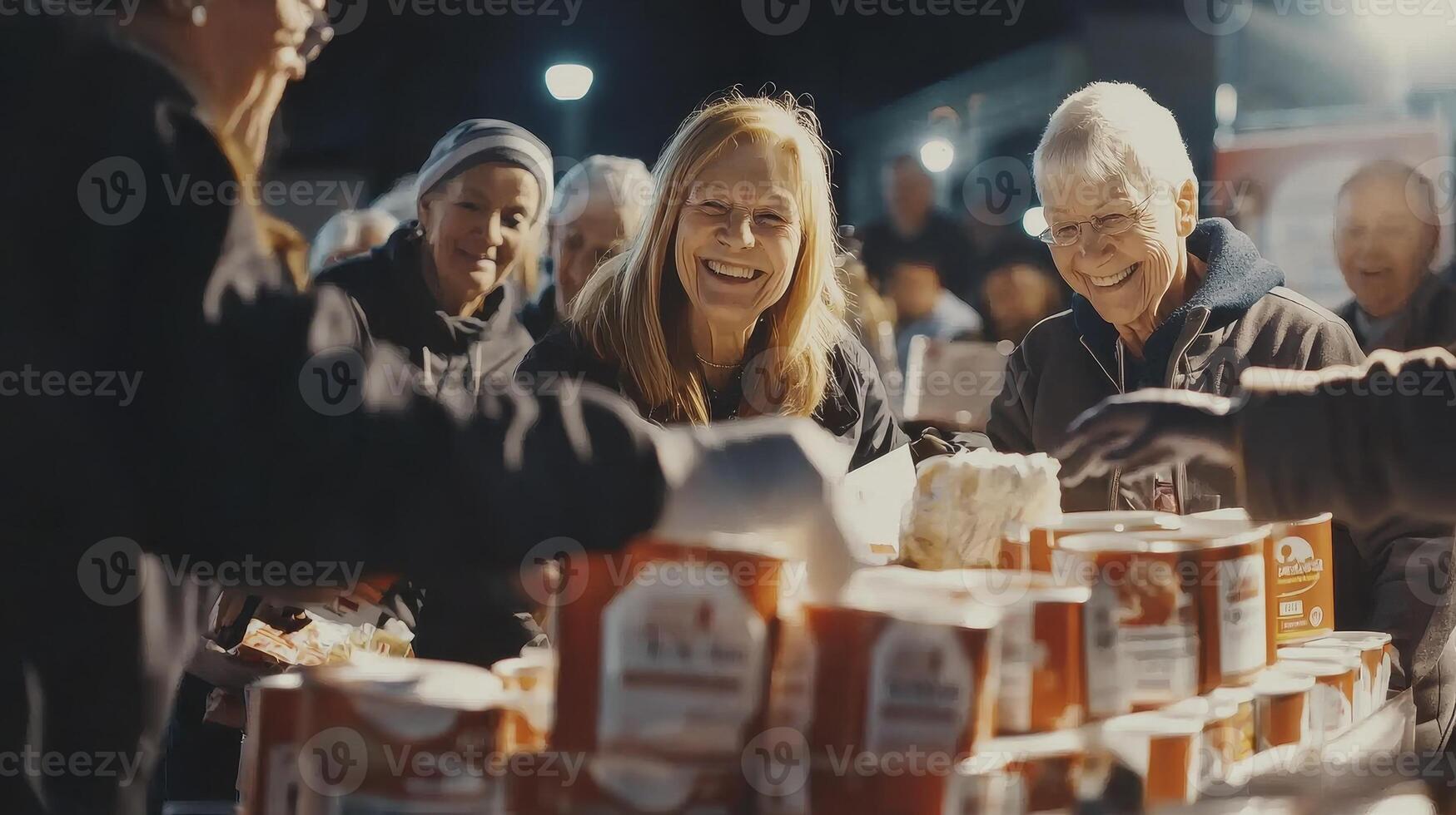 Volunteers serving warm food to people in need at a community event, illustrating kindness and charity This depicts a heartwarming scene of people helping others in a public space, sharing meals and photo