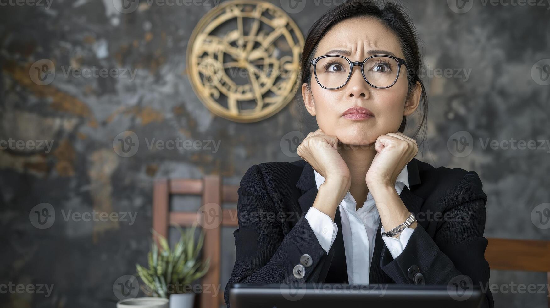 Worried Asian Businesswoman Portrait Stress and Uncertainty at Work Explore the challenges of modern professional life with this image of an Asian woman in a suit, expressing concern Perfect for photo