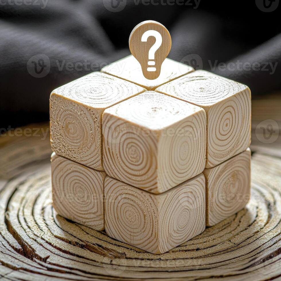 Wooden Puzzle Cube A captivating close-up showcasing a handcrafted wooden puzzle cube, highlighting its intricate wood grain details and geometric design, inviting viewers to ponder the challenge it photo