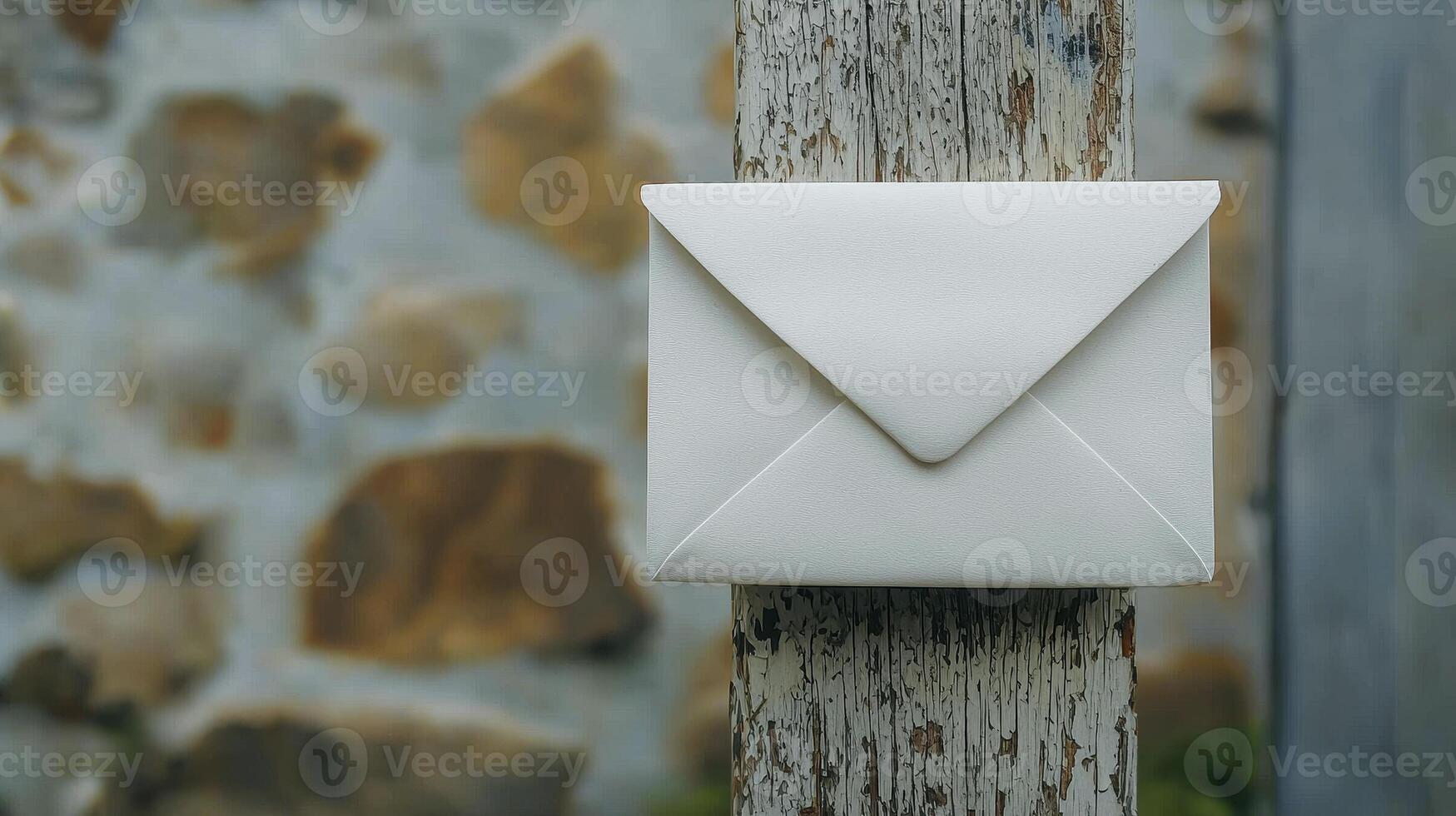 White Envelope on Rustic Wooden Post A Close-Up of Correspondence and Texture, Capturing the Simplicity and Beauty of Mail Communication, Ideal for Designs Focused on Letters, Messages, and the Art photo