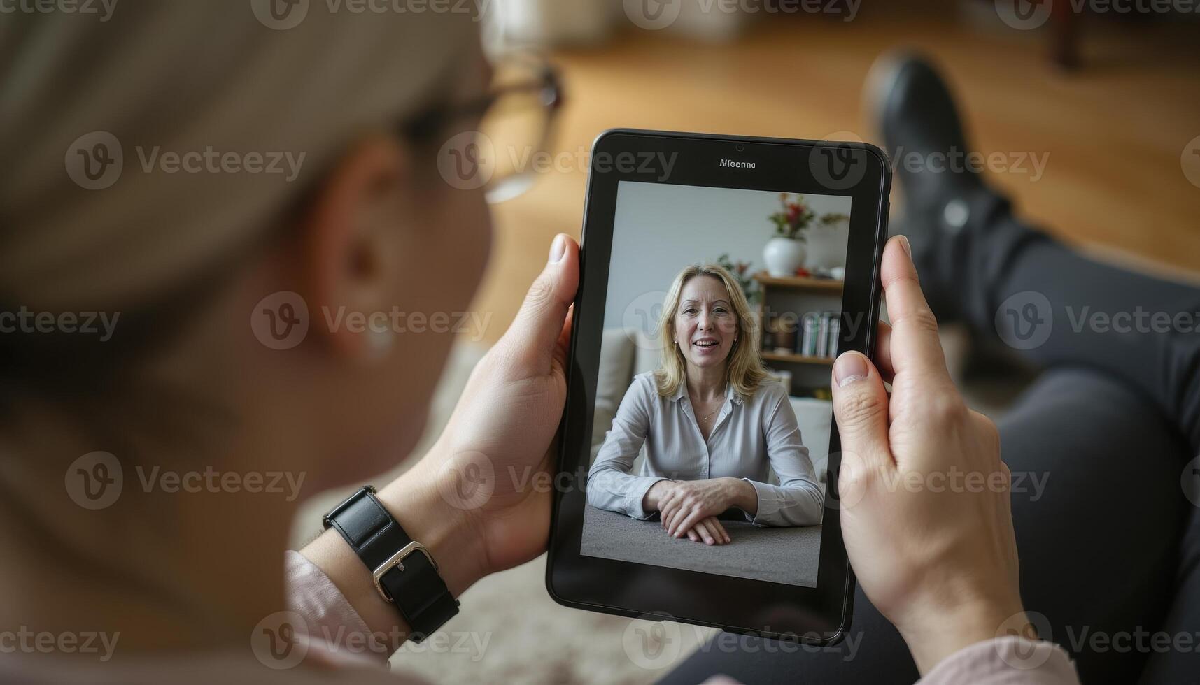 Woman Relaxing at Home Using Tablet for Call with Friend or Family Member, Enjoying Technology and Connection, Lifestyle and Comfort, Communication Made Easy, Virtual Meeting and Digital Age photo