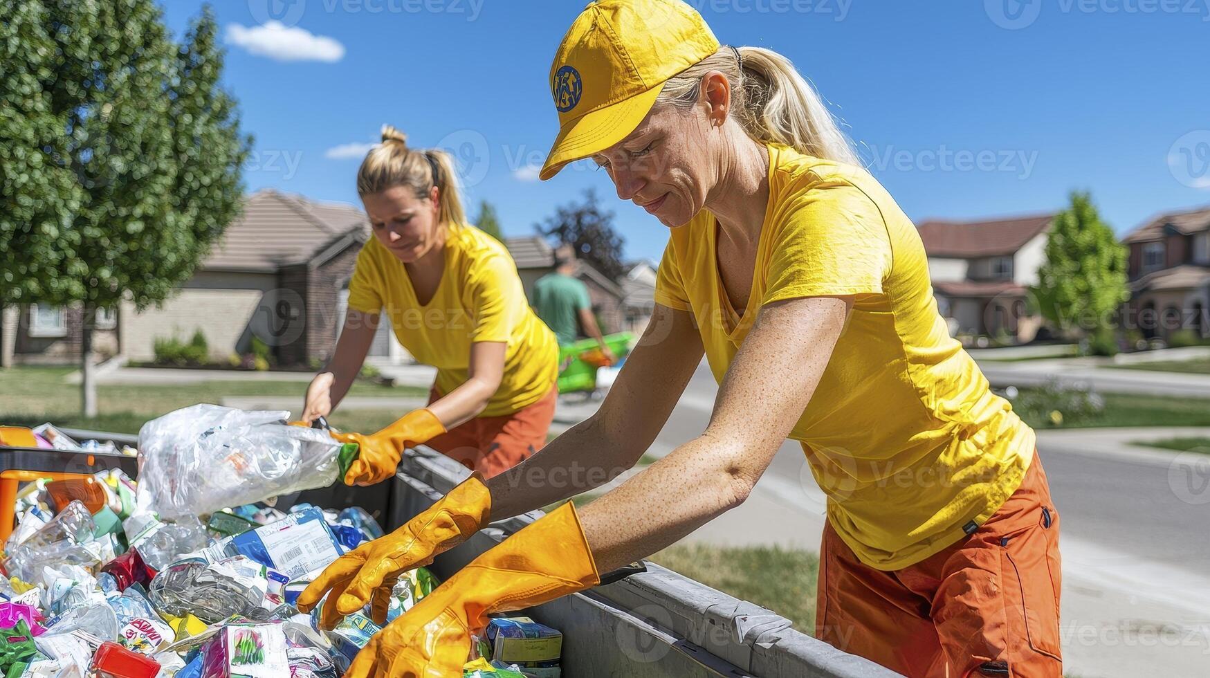 Volunteers diligently sort recyclable materials in a community cleanup effort, showcasing environmental responsibility and teamwork This image highlights the importance of recycling for a sustainable photo