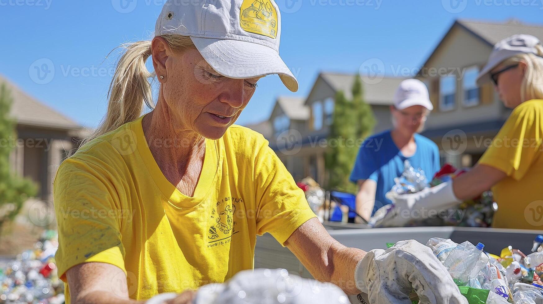 Volunteers dedicate their time to environmental cleanup, sorting recyclable materials on a sunny day, demonstrating community engagement and responsible waste management Promoting ecological photo
