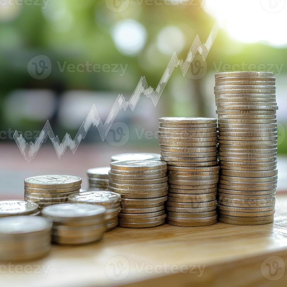 Visualize Financial Growth Silver Coins Stacked High Depicting Investment Success and Increased Savings, Showcasing Wealth Accumulation, Financial Planning, and Portfolio Expansion, Highlighted by an photo