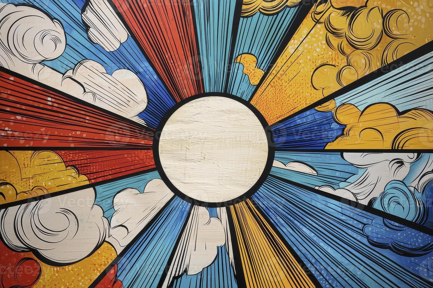 Vibrant Abstract Circular Design with Radial Color Bursts and Dynamic Cloud Formations, a Modern Artistic Representation of Energy and Creativity, Ideal for Backgrounds and Graphic Projects photo