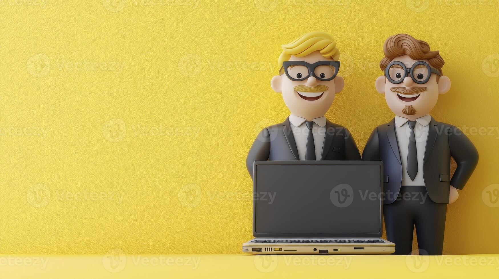 Two cheerful 3D cartoon businessmen in suits stand smiling behind a laptop on a bright yellow background, showcasing collaboration, teamwork, and business success This vibrant image is perfect for photo