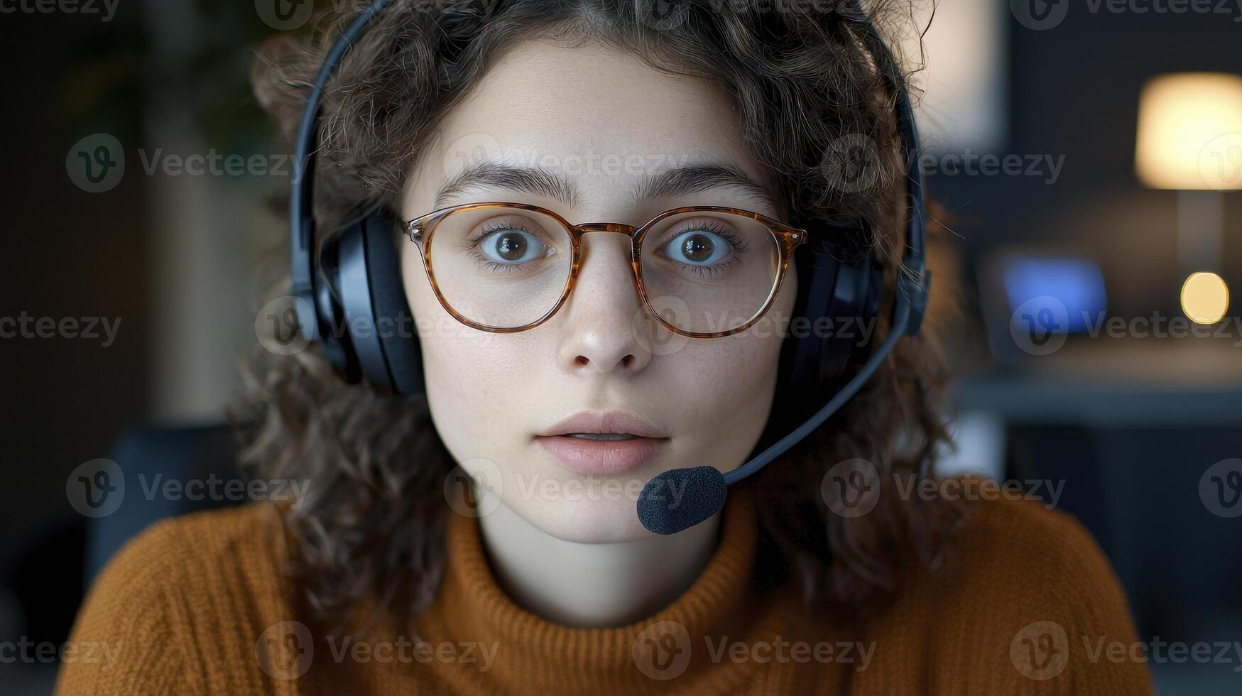 Surprised Young Woman with Headset Close-Up Portrait of Female Customer Service Representative Looking Shocked, Wearing Glasses and a Brown Turtleneck Sweater Call Center Agent, Help Desk Employee photo