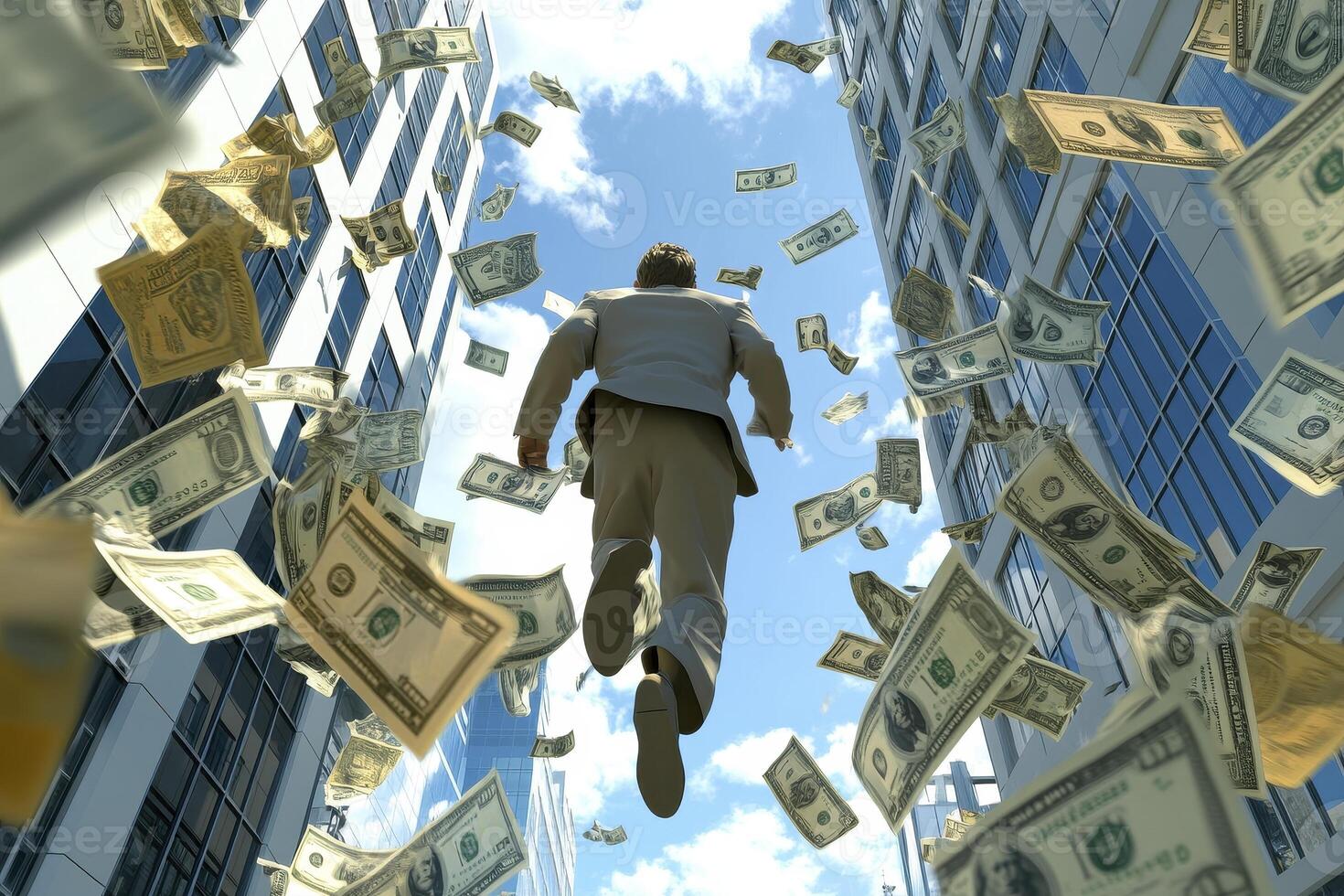 Success Achieved Imagine running towards your financial freedom as money rains down from the sky This powerful image symbolizes ambition, achievement, and prosperity Let this inspire you to chase photo
