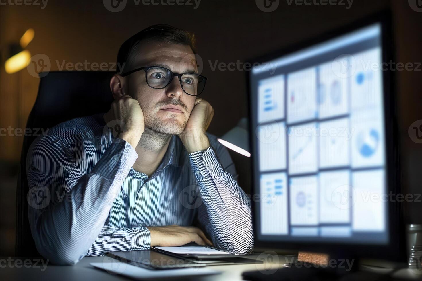 Stressed Businessman Working Late at Night on Data Analysis A Depiction of Modern Work Challenges, Featuring Fatigue, a Dimly Lit Office, Financial Reports Displayed on a Computer Screen, and the photo