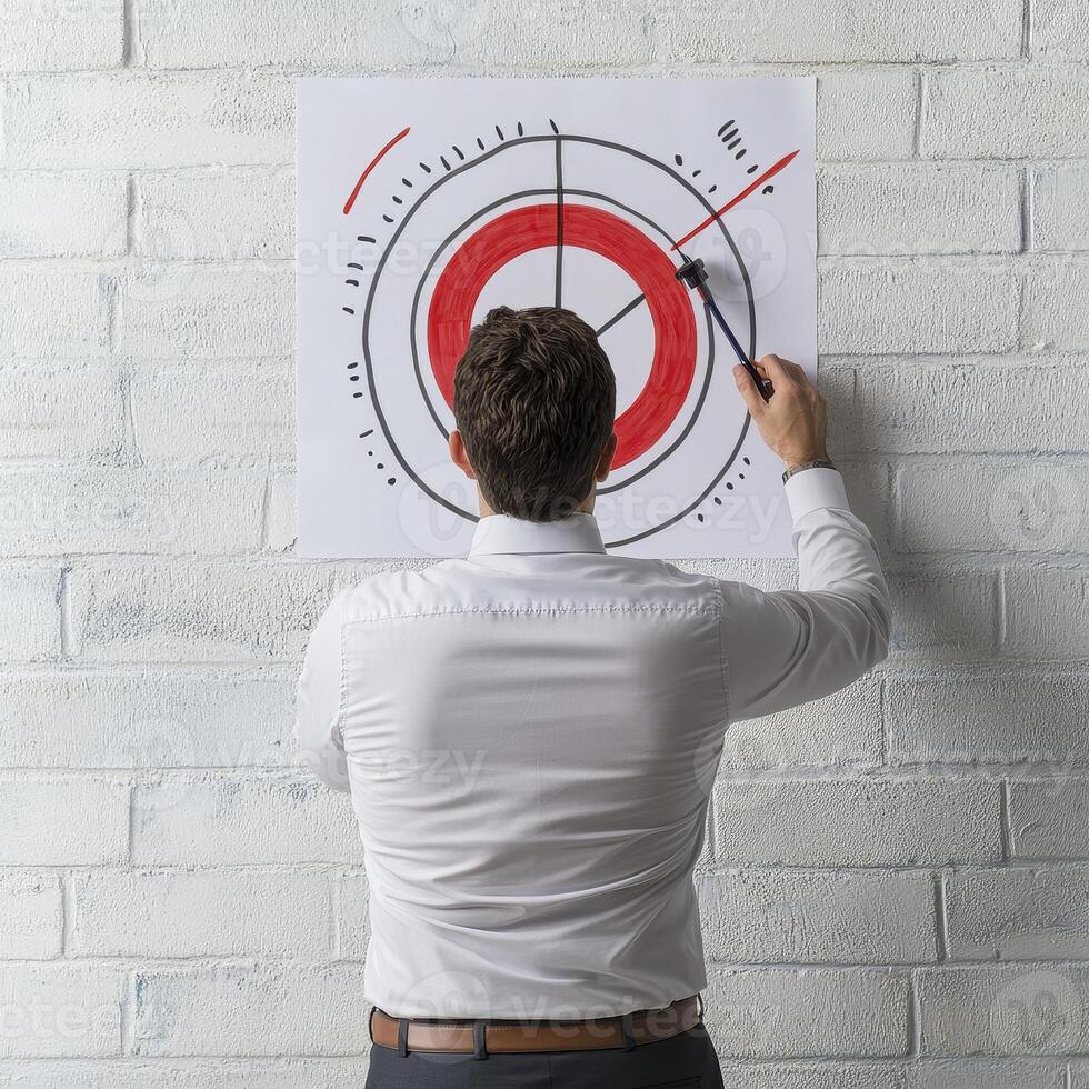 Strategic Target Achievement Visualizing Business Success, a man points to the center of a target board fixed on a white brick wall An image of success, focus, and determination Represents photo