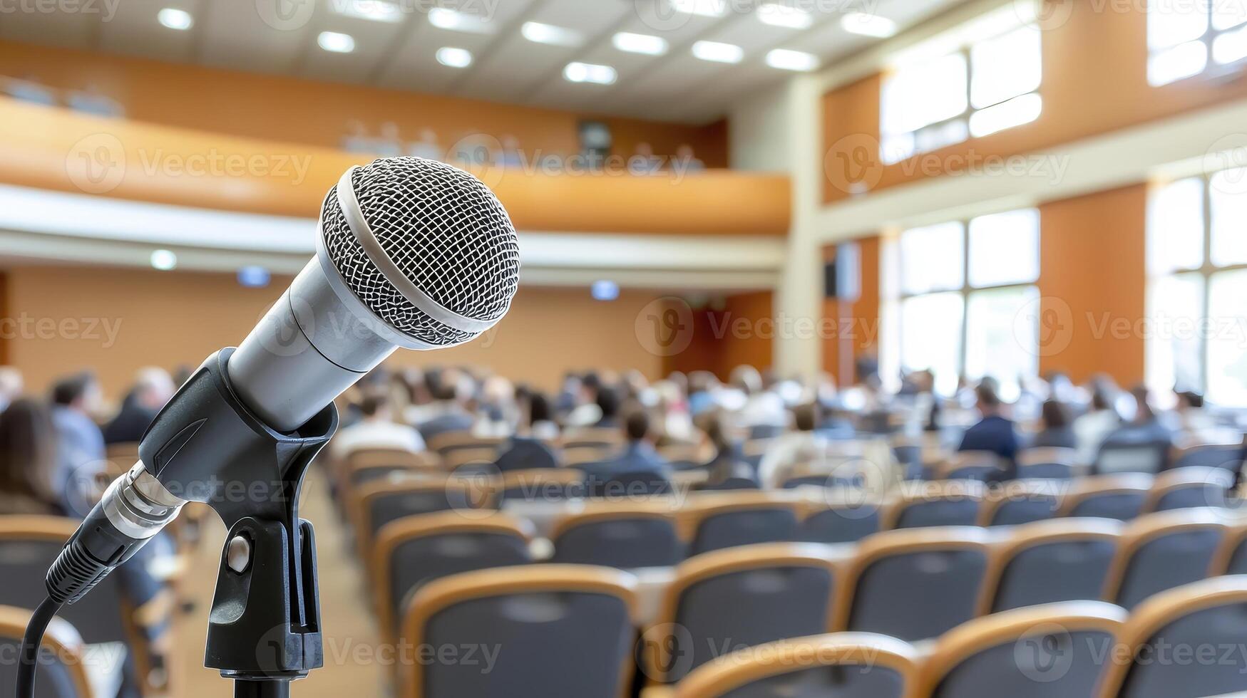 Microphone at a Conference Rows of Attendees in a Large Hall photo