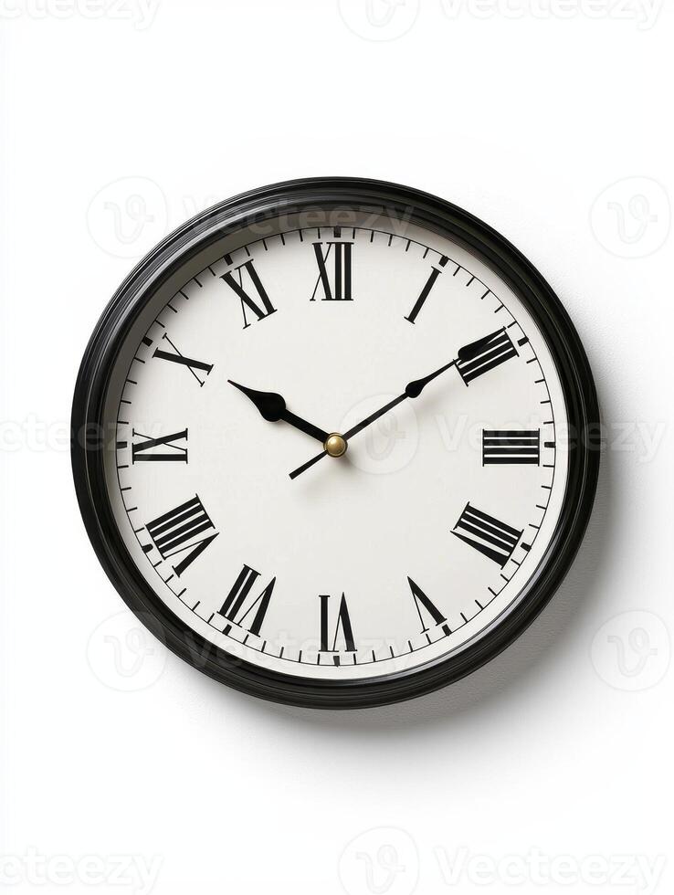 Black Framed Analog Clock With Roman Numerals on White Background photo