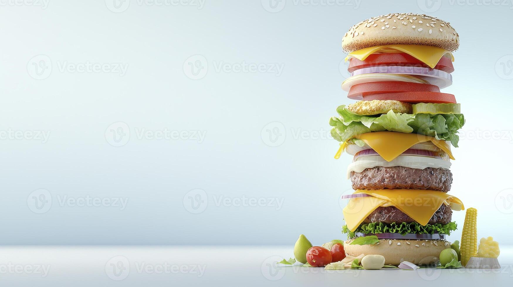 Layered Beef Burger with Cheese and Vegetables photo
