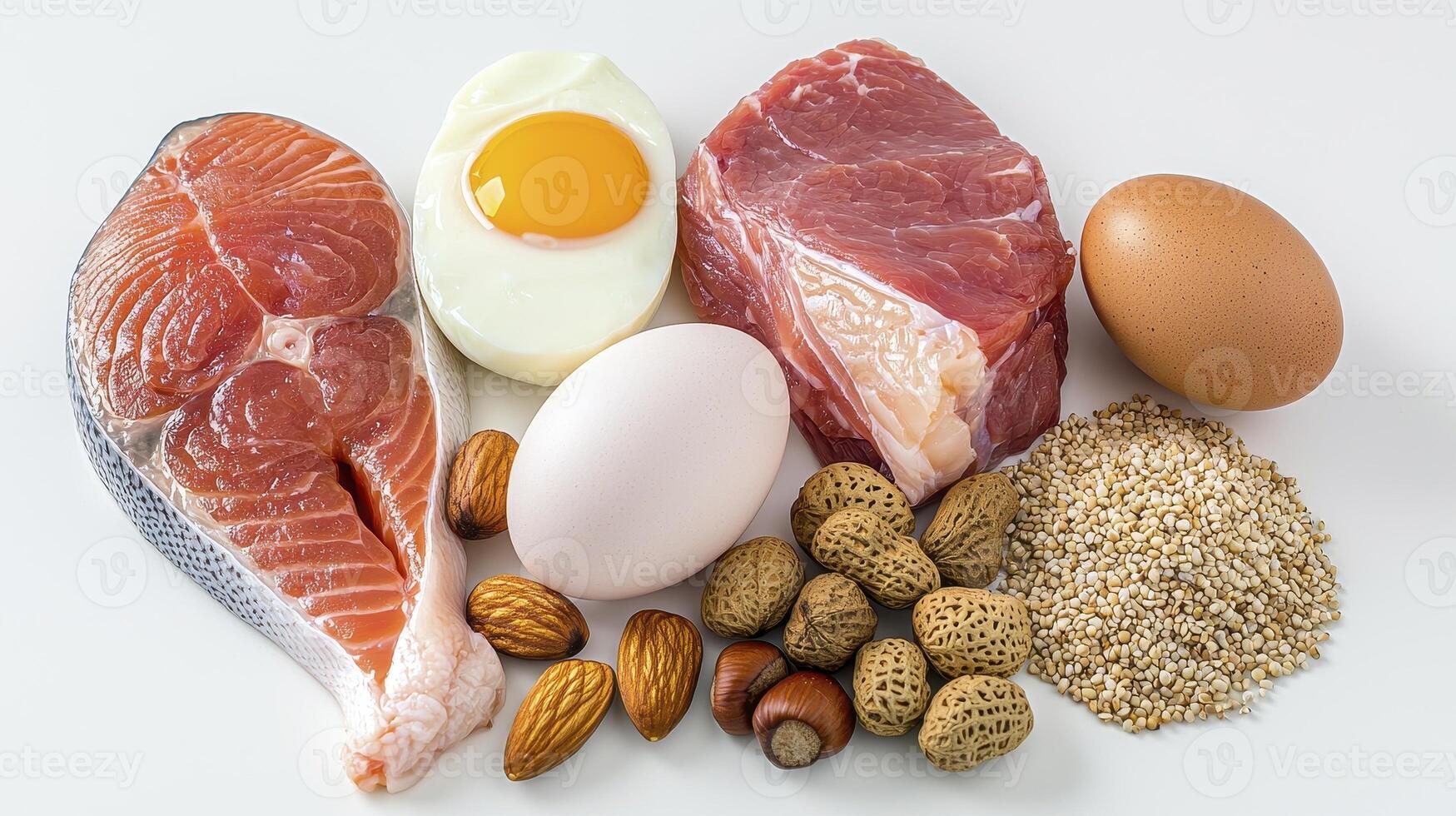 High-Protein Foods Salmon, Beef, Eggs, Nuts, and Quinoa photo