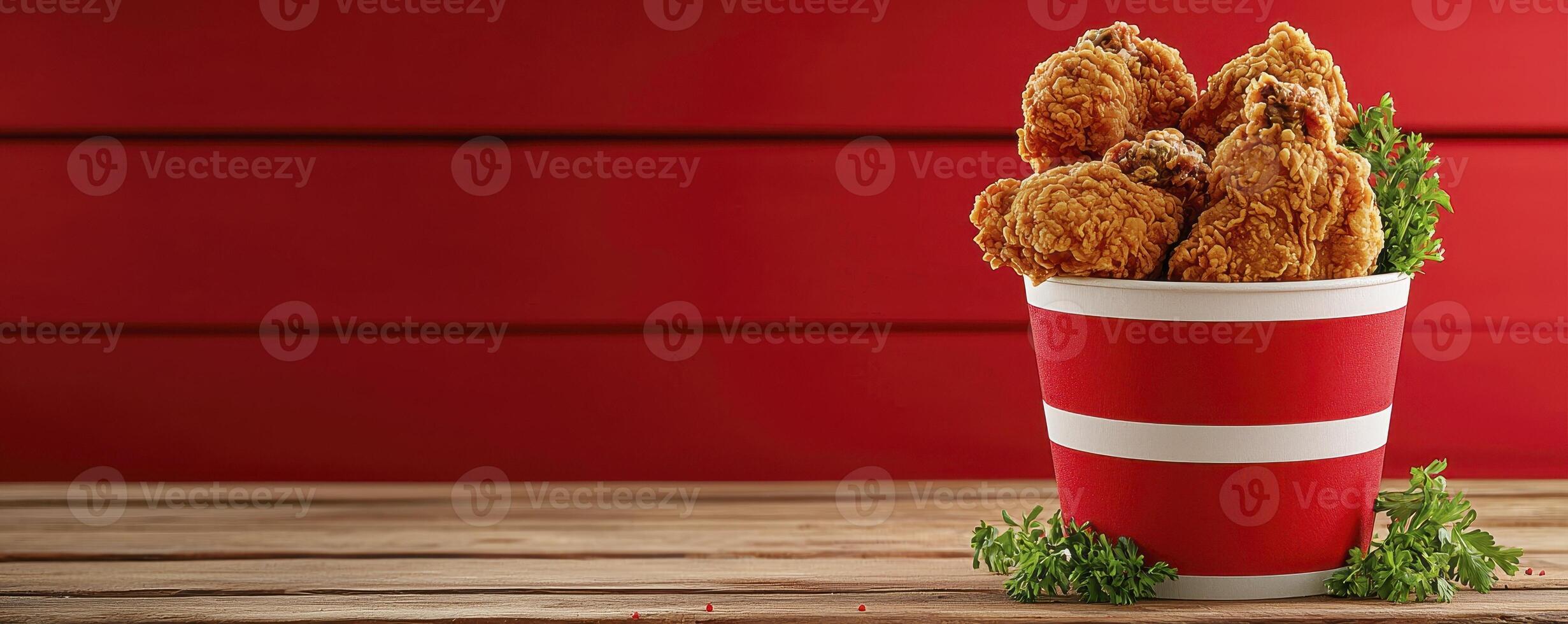 Crispy Fried Chicken in Red Bucket on Wooden Table photo