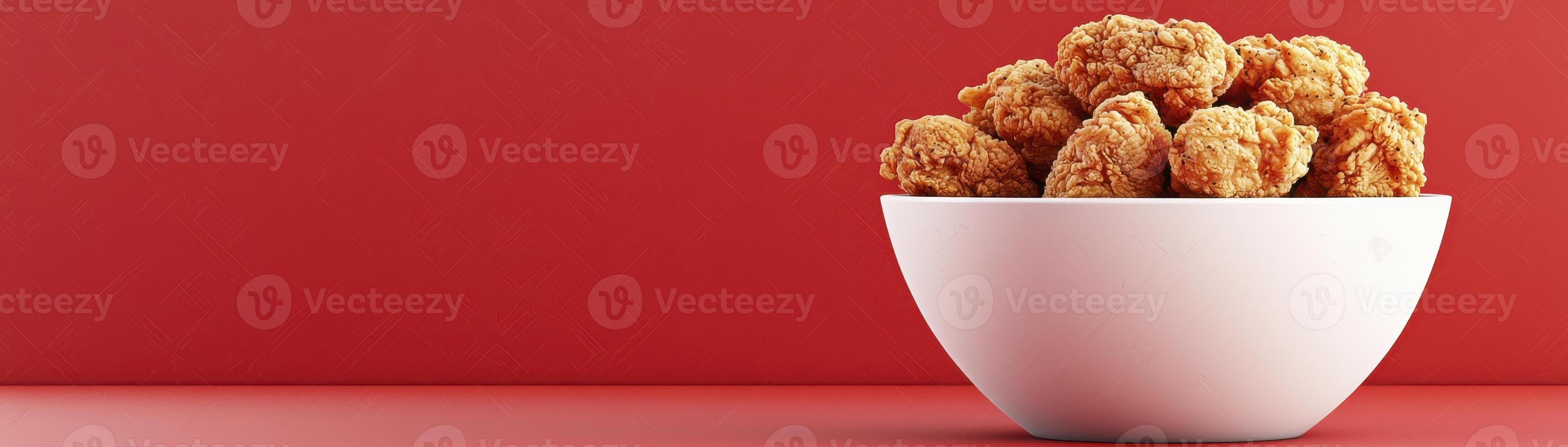 Crispy Golden Nuggets in White Bowl Against Red Background photo