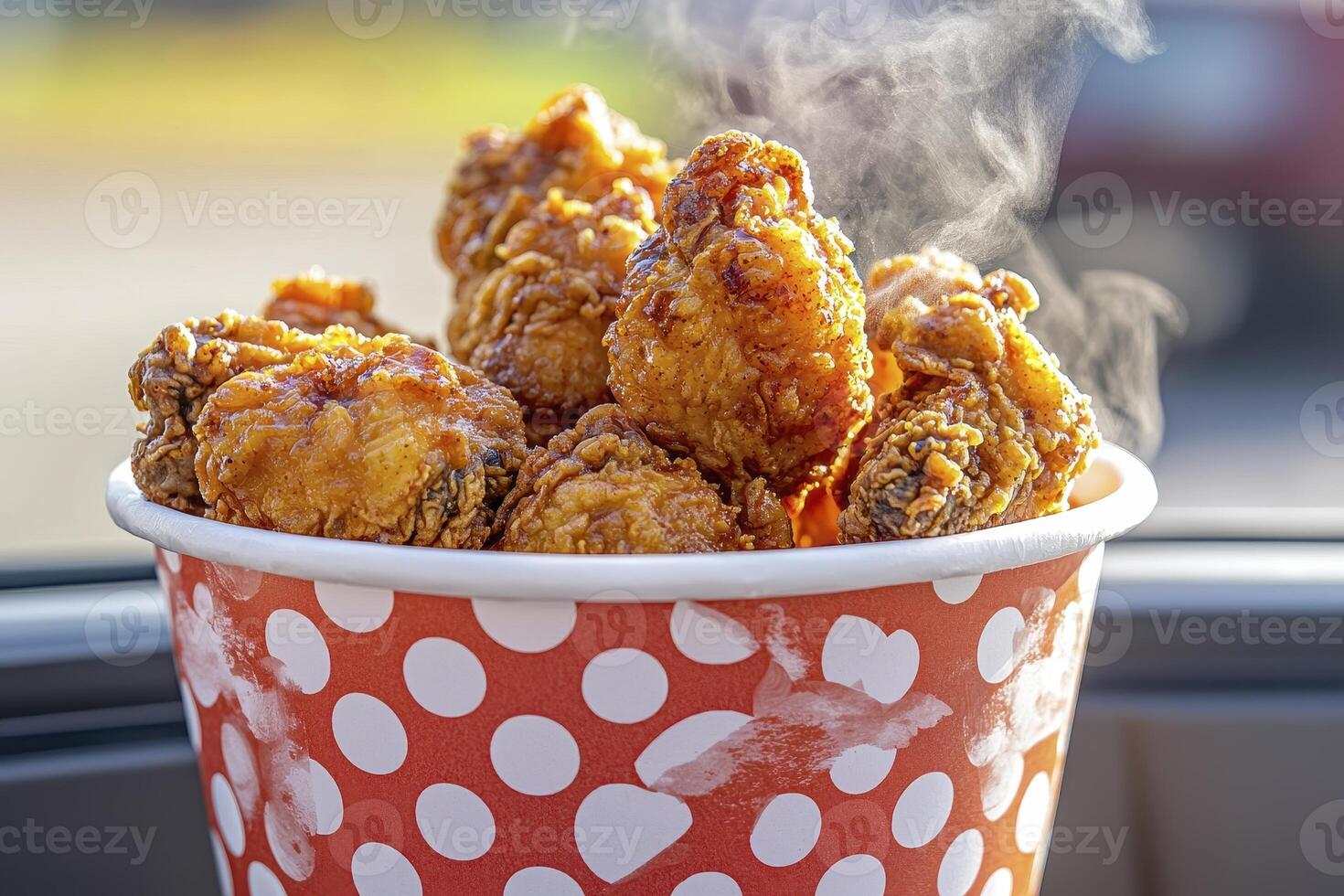 Steaming Fried Chicken in Red Polka Dot Bucket photo