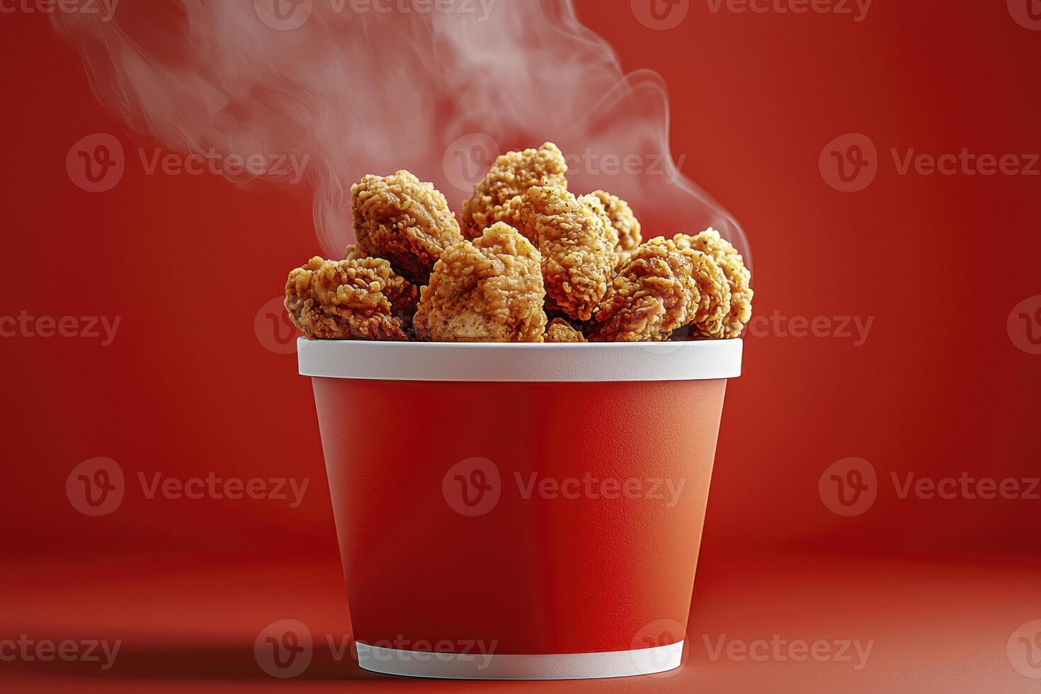Steaming Crispy Fried Chicken in Red Bucket photo