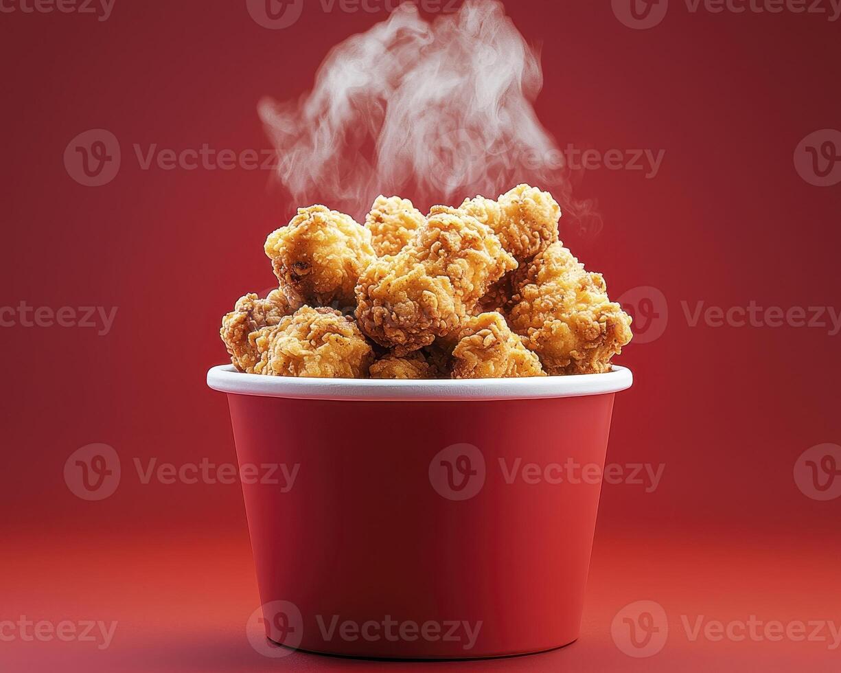 Steaming Hot Crispy Fried Chicken in Red Bucket photo