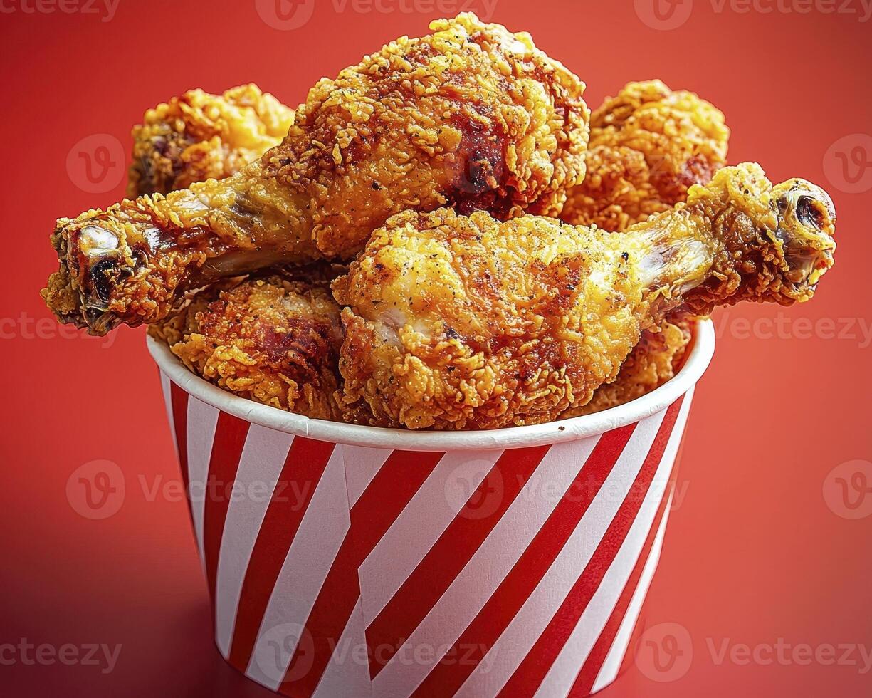 Crispy Fried Chicken Drumsticks in Red Striped Bucket photo