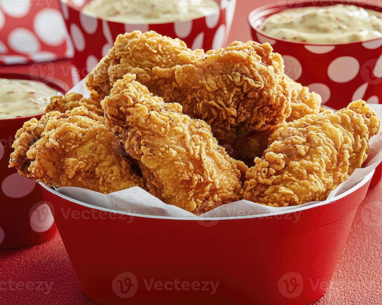 Crispy Fried Chicken Wings in Red Bowl with Dipping Sauces photo