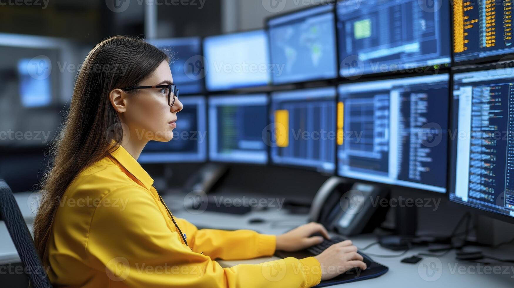 Focused Female Programmer Working at Computer with Multiple Monitors photo