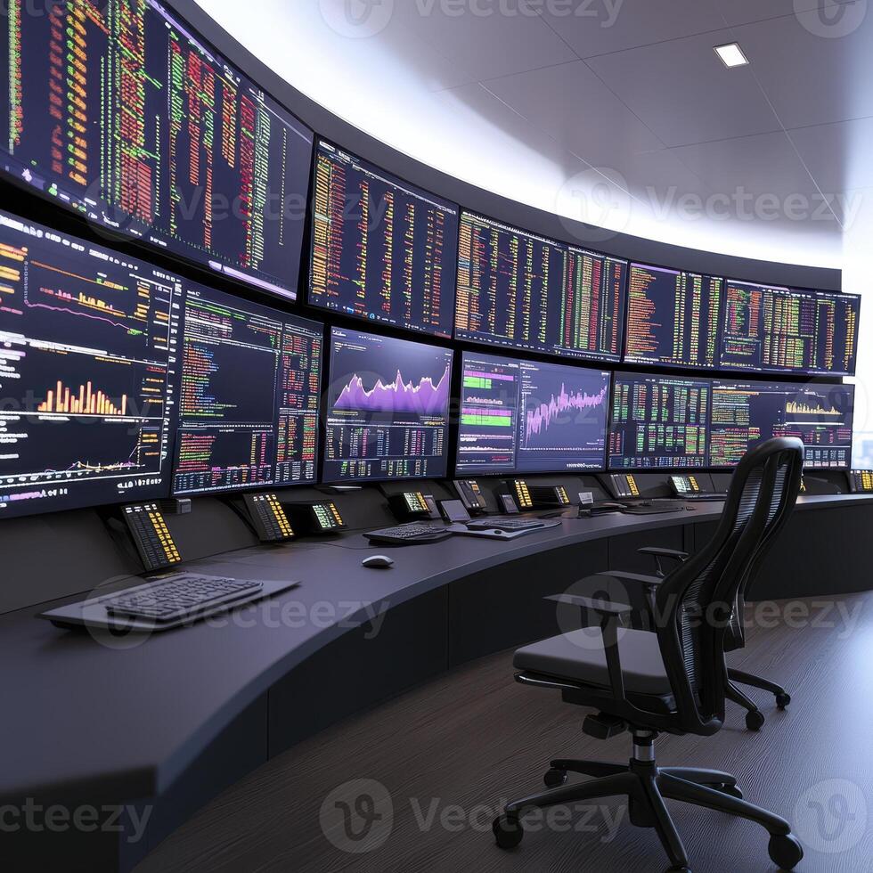 Modern Control Room with Curved Data Monitors photo