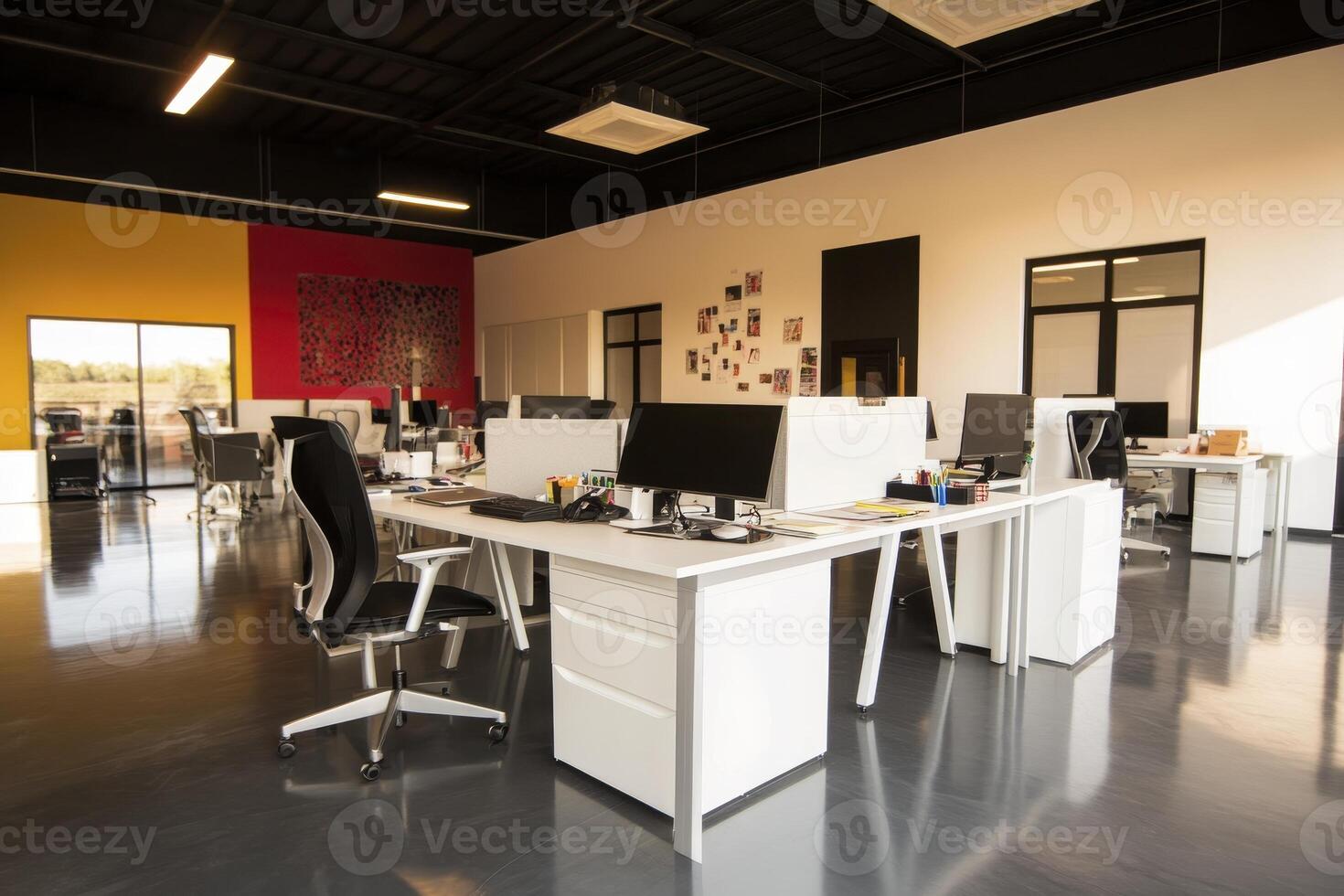 Modern Open Plan Office Interior with White Desks and Bright Lighting photo