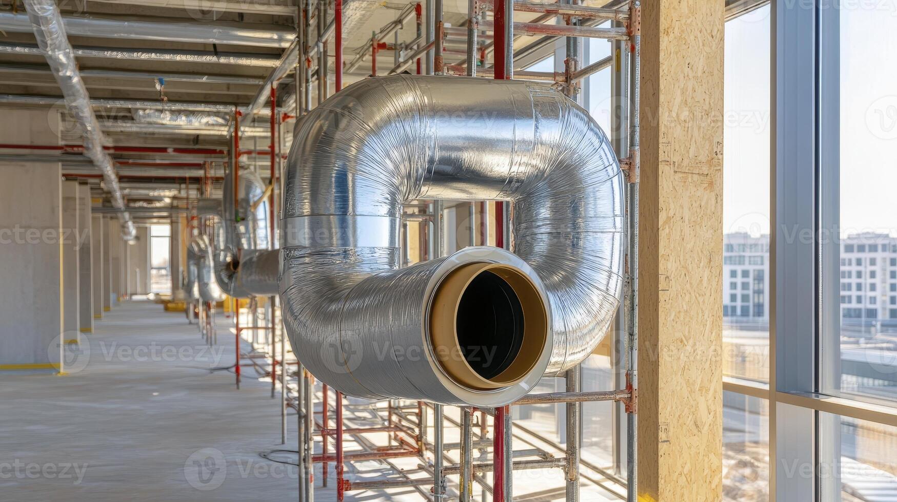 Insulated Silver Pipes in Modern Building Under Construction photo