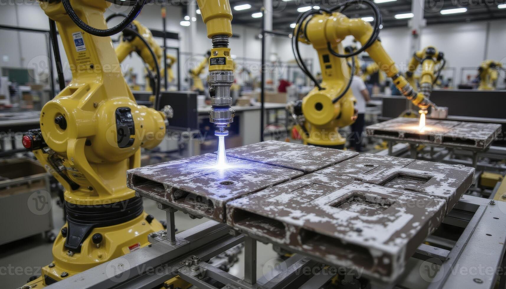 Witness the mesmerizing dance of automation as robotic arms precisely wield plasma torches, transforming raw materials into intricate creations within a modern factory setting This captivating image photo