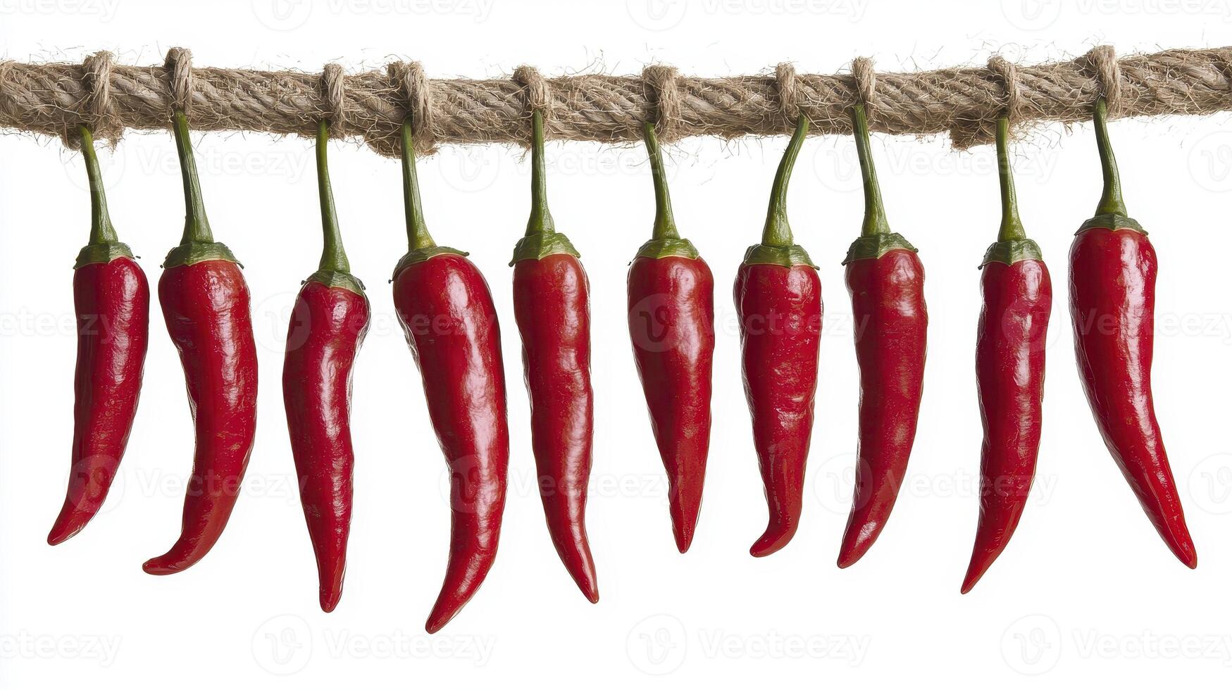 Vibrant Chili Peppers Drying on a Rustic Twine Line A Culinary Delight and Artistic Vision Experience the fiery essence of red chili peppers, captured in a high-resolution image perfect for culinary photo