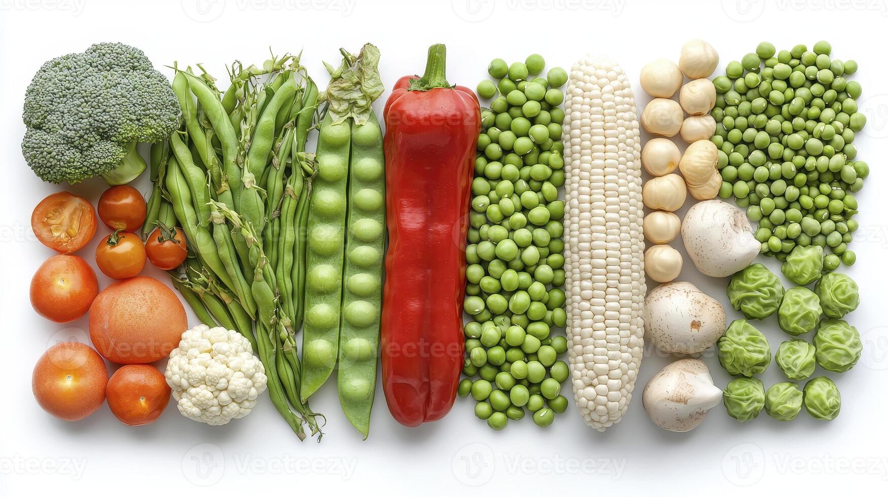 Vibrant Array of Fresh Vegetables A Colorful Culinary Delight Featuring Broccoli, Asparagus, Peas, Red Bell Pepper, Corn, Tomatoes, Cauliflower, and More for Healthy Eating, Vegetarian Recipes, and photo