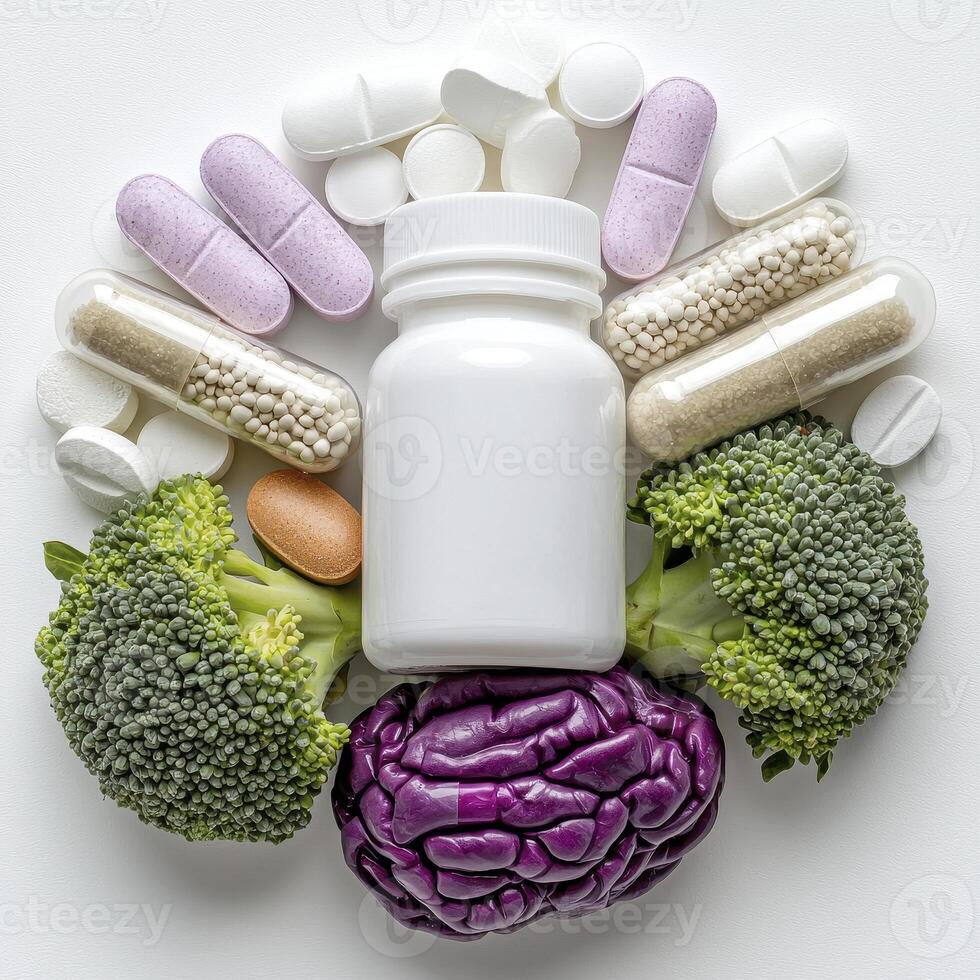 Unlock Optimal Health A Visual Guide to Nutritional Balance, Showcasing Fresh Vegetables like Broccoli and Purple Cabbage Alongside Essential Vitamins, Supplements, and a Clean White Bottle to photo