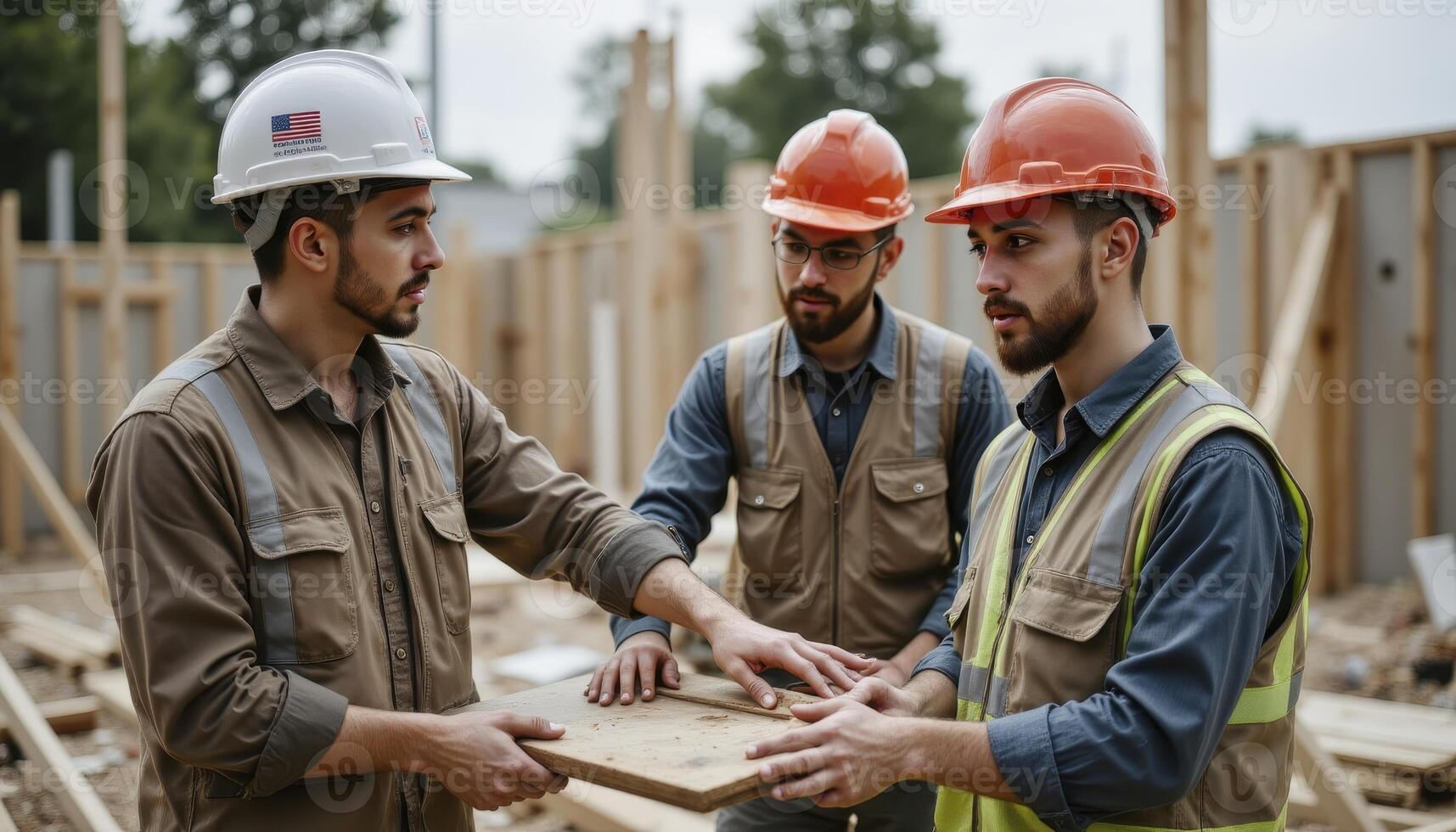 Three construction workers collaborate on a building project, carefully inspecting wooden boards amidst the framework of a new structure, symbolizing teamwork, expertise, and the dedication required photo