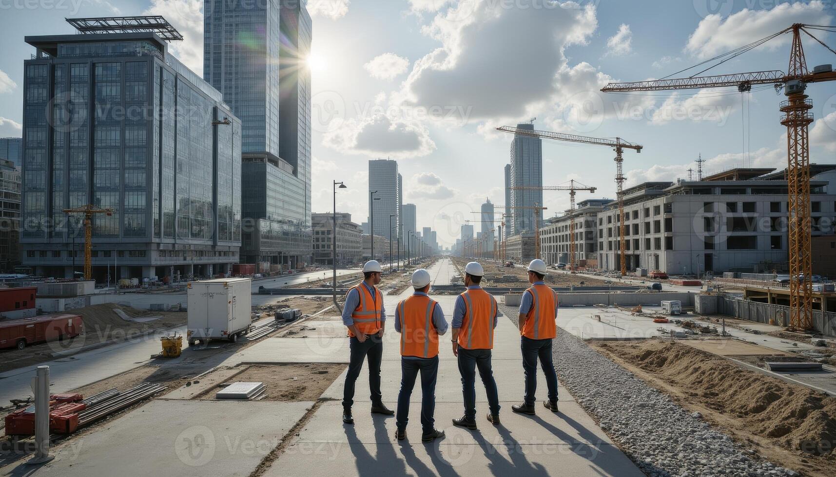 Strategic Vision A Dynamic Team of Construction Engineers Collaborating on a New Urban Development Project Amidst Modern Skyscrapers and Towering Cranes, Discussing Blueprints and Planning Strategies photo
