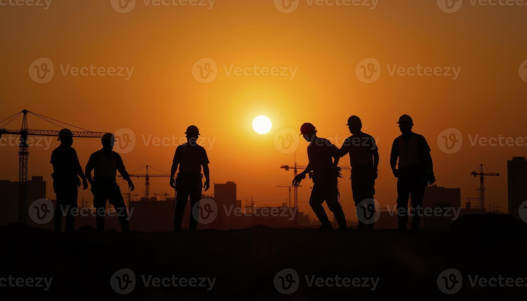 Silhouette of Construction Workers Against a Vibrant Sunset A Captivating Image Showcasing the Dedication and Hard Work of Laborers Building Our Future Perfect for Illustrating Concepts Like photo