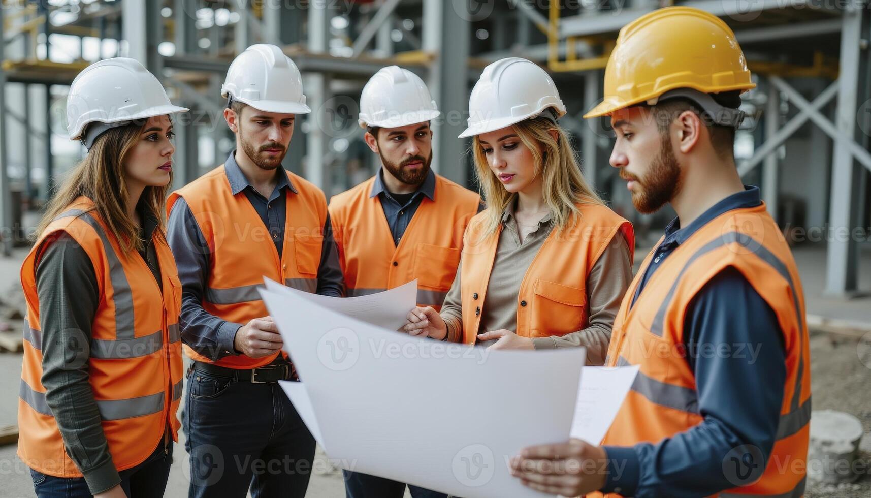 Professional Construction Team Reviewing Blueprints on Site Highlighting Collaboration, Safety Compliance, and Project Planning in Infrastructure Development Showcase Construction Workers with photo
