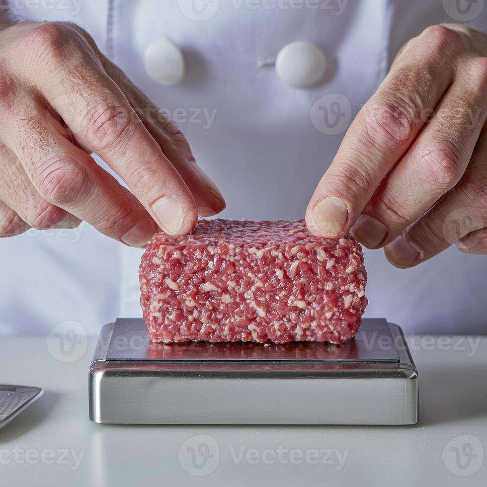 Professional Chef Hands Precisely Shaping Raw Ground Beef Cube on Stainless Steel Scale, Ensuring Accurate Measurement and Consistent Portioning in a Commercial Kitchen Setting, Preparing Gourmet photo
