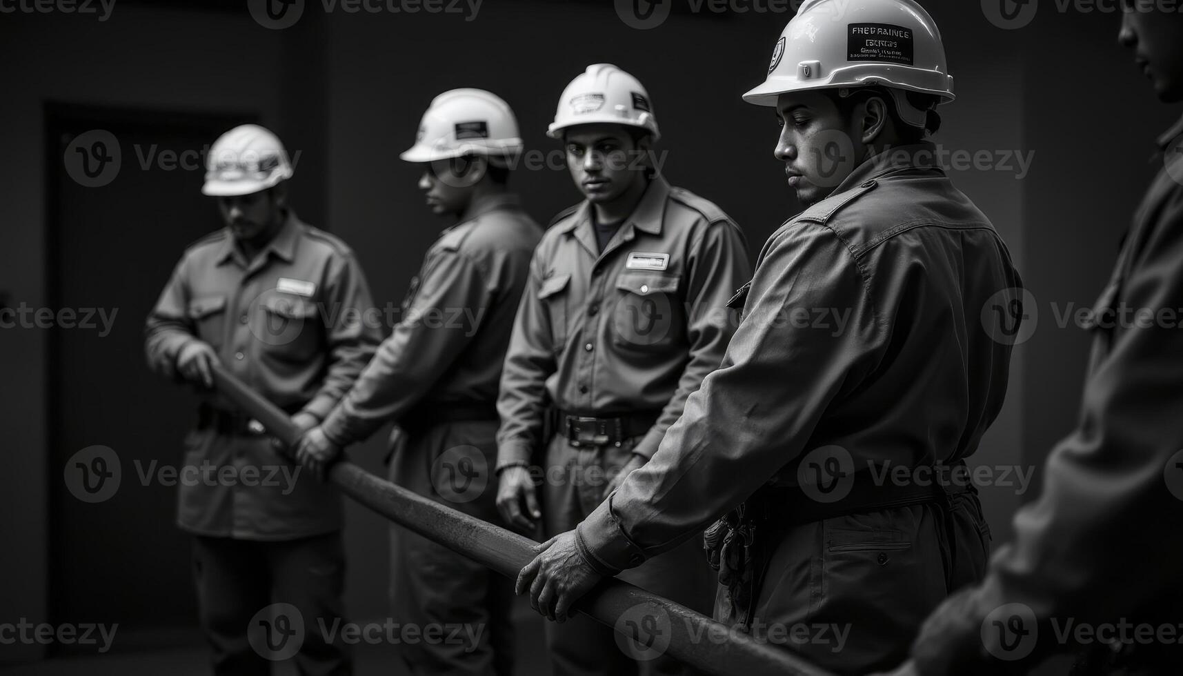 Monochromatic Mining Crew A stark portrayal of teamwork, resilience, and the challenges faced by miners in their daily toil, captured in a black and white image that evokes strength and solidarity photo
