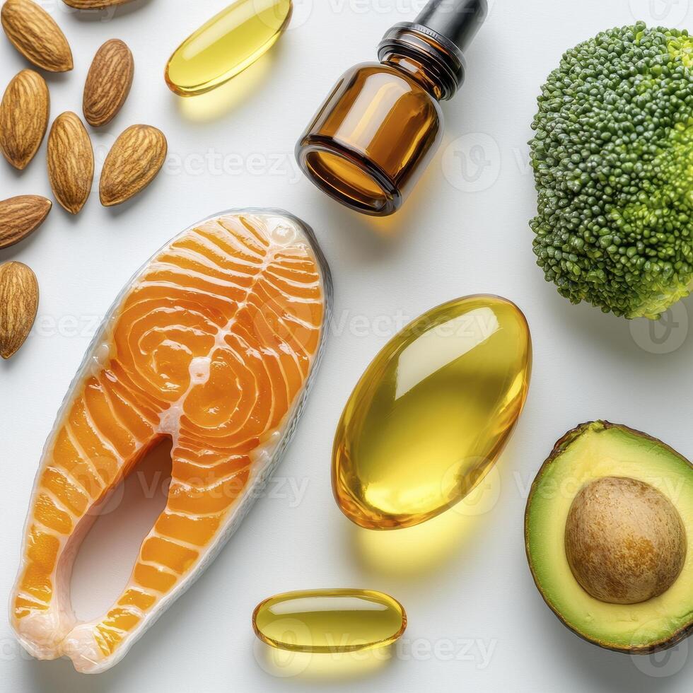 Nourish your body with this vibrant showcase of wholesome foods packed with essential nutrients Dive into a colorful assortment featuring omega-3 rich salmon, creamy avocado, crunchy almonds, verdant photo