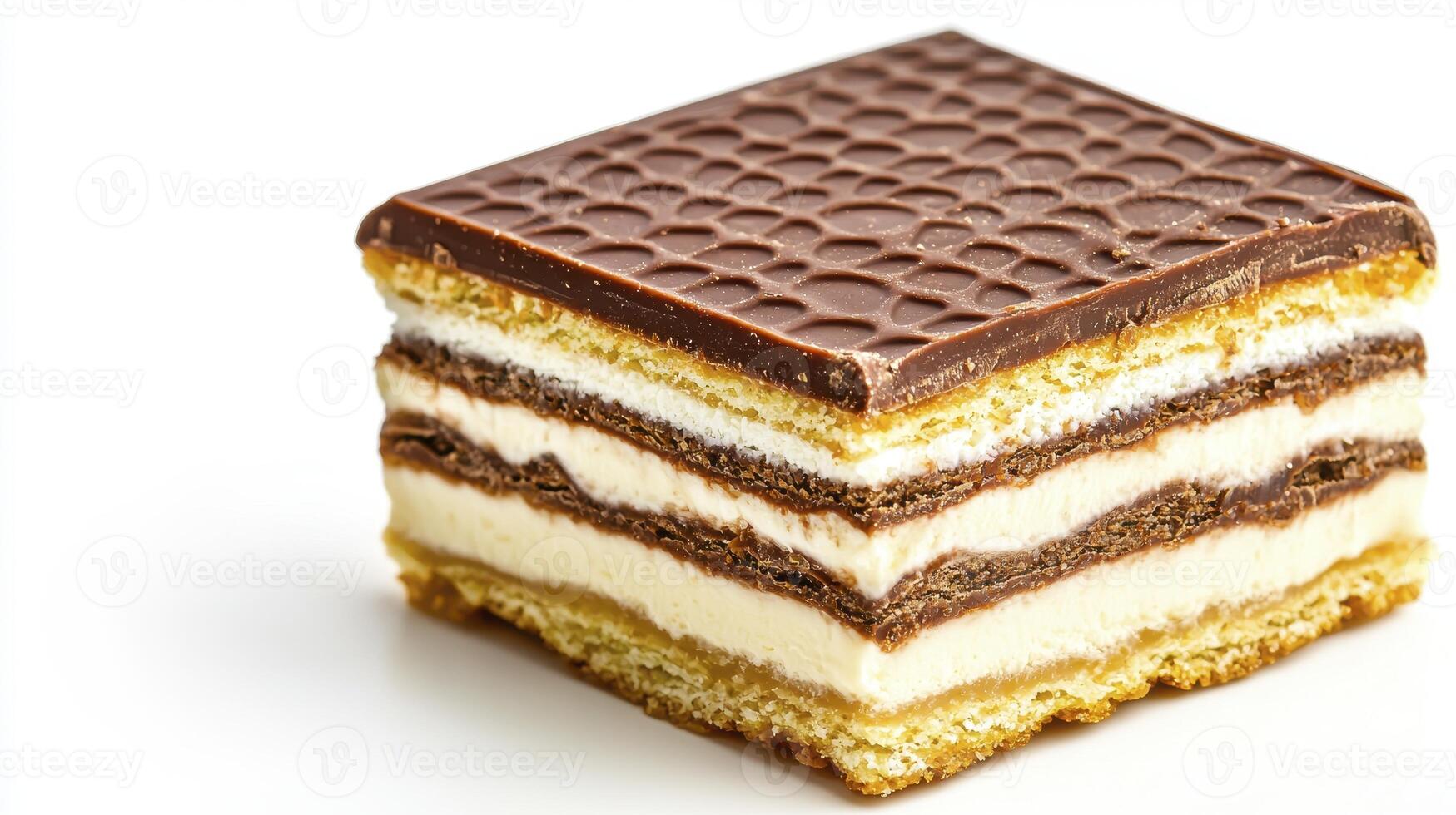 Indulge in the exquisite charm of a delectable chocolate cake square, meticulously layered with creamy vanilla and rich cocoa, offering a symphony of flavors that dance upon your palate This close-up photo